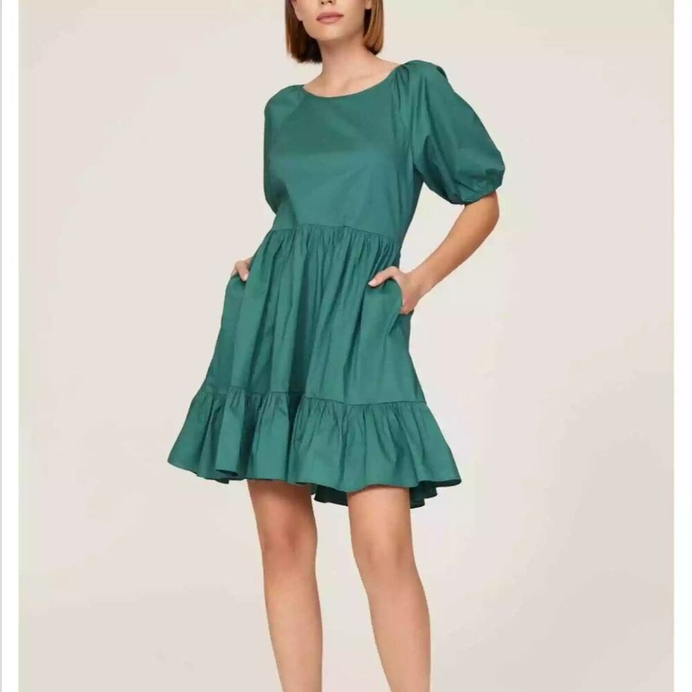 Peter Som Green Puff Sleeves Open Tie Back Ruffle A-line Summer Mini Dress 6